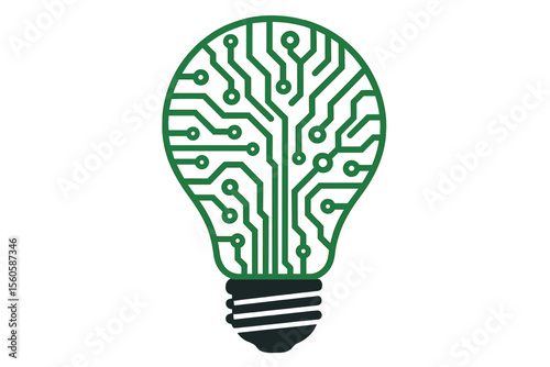 Light bulb with circuit board icon. Tech innovation concept. Smart idea, digital solution, creativity symbol. Green energy, electronics, AI, artificial intelligence vector graphic.