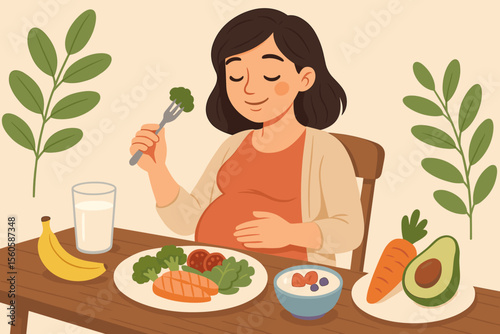 Healthy eating for pregnant woman. Pregnancy diet concept. Maternity nutrition. Mother eating balanced meal. Fish, vegetables, fruit. Wellness lifestyle. Vector cartoon illustration.