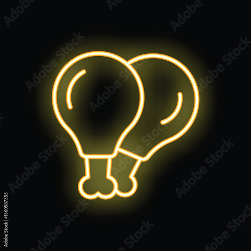 Neon sign showing two chicken legs glowing on black background