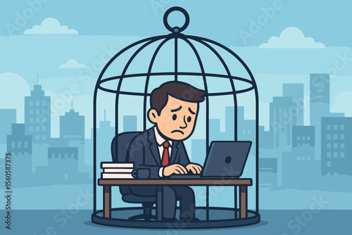Businessman trapped in cage. Metaphor for corporate slavery. Burnout, depression, stress. Sad office worker at desk. Unhappy employee in birdcage. Lack of freedom concept vector.
