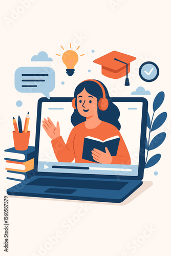Online education concept with female teacher on laptop screen. E-learning, distance learning, online course, and webinar concept. Modern flat vector illustration for virtual school.