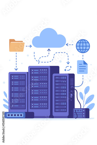 Flat design vector concept for cloud computing, data center, web hosting services. Server racks, network switch, and icons for data storage, transfer, and global internet access.
