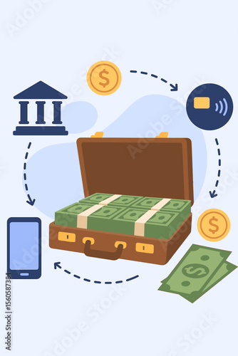 Global financial transactions illustration: banking, money transfers, payments, currency exchange with briefcase full of cash, phone, and credit card. Flat vector cartoon.