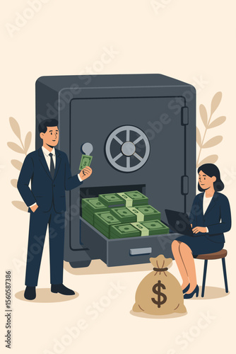 Banking and finance vector concept. Business people with money safe full of dollars. Man and woman investing capital. Financial success, wealth, profit and secure savings illustration.