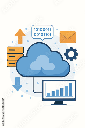 Cloud computing technology concept. Data storage, processing, and analysis. Server hosting, database management. Upload and download files. Digital information, analytics, web service.