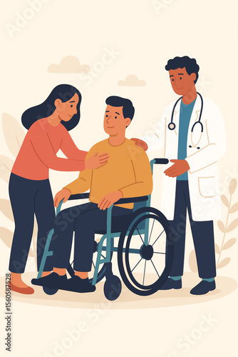 Doctor and woman providing care for disabled man in a wheelchair. Medical assistance, healthcare, rehabilitation concept. Social support and help for people with disabilities. Vector.