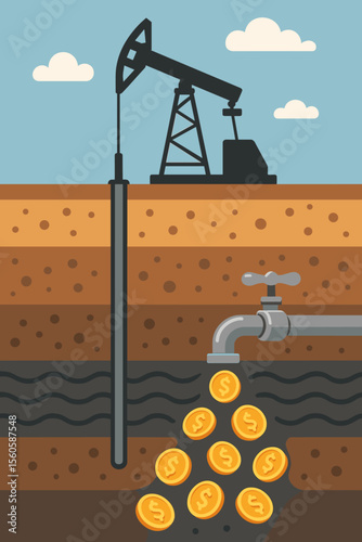 Oil and gas industry concept with pumpjack drilling for oil. Underground soil cross section with a faucet pouring gold dollar coins. Metaphor for profit, wealth and fossil fuel economy.