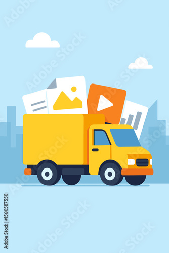 Yellow delivery truck with digital files. Data transfer, cloud storage, media content delivery service concept. Digital logistics and file sharing. Flat vector cartoon illustration.