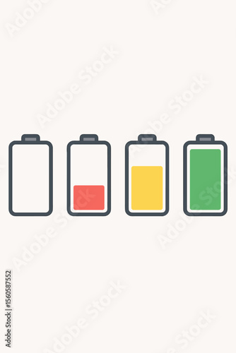 Battery charge level indicator vector set. Icons show full, empty, low, and medium power states. Energy status progress from green to red. Discharged and charged power source icons.