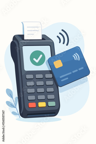 Contactless payment via POS terminal and credit card. NFC wireless technology concept for a financial transaction. Successful purchase confirmed with a checkmark and receipt. Flat vector.