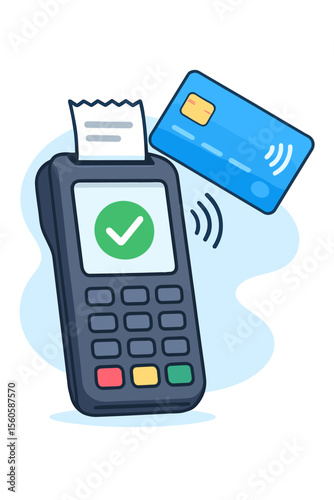 Contactless payment with credit card at POS terminal. NFC technology for secure transaction. Successful purchase confirmed with check mark and receipt. Finance and commerce concept.