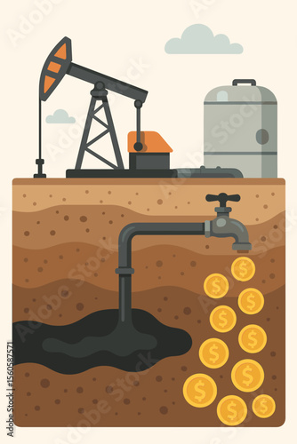 Oil and gas industry metaphor. Crude oil extraction process turning into money. Pumpjack drilling for petroleum from underground. Faucet dripping gold coins. Fossil fuel profit concept.