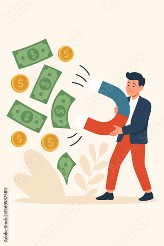 Money magnet metaphor. Businessman attracting investment. Financial success concept. Wealth attraction. Profit and capital growth. Investor character with cash and coins. Flat vector.