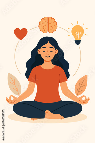 Meditation concept vector. Woman in lotus position practicing yoga for mental health benefits. Mindfulness for harmony, calm, and well-being. Brain, heart, idea lightbulb icons.