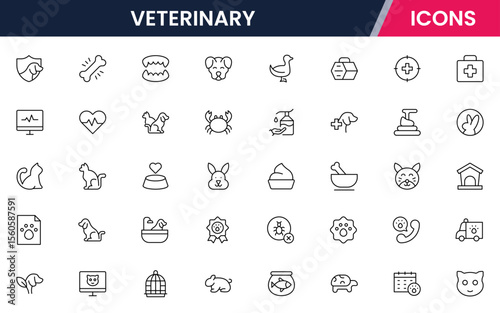 Veterinary vector web line icon collection, clean illustrations of pet care, medical tools, and animal health for compassionate designs.
