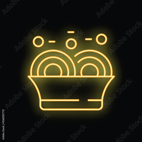 Glowing yellow neon sign of a bowl of noodles steaming on a black background