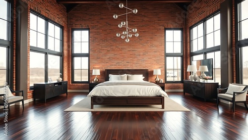 A luxurious bedroom with a kingsize bed, brick wall, and large windows offering ample daylight