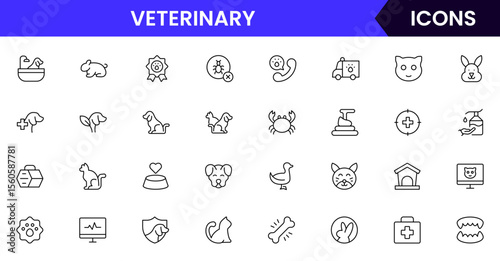 Veterinary vector web line icon collection, clean illustrations of pet care, medical tools, and animal health for compassionate designs.