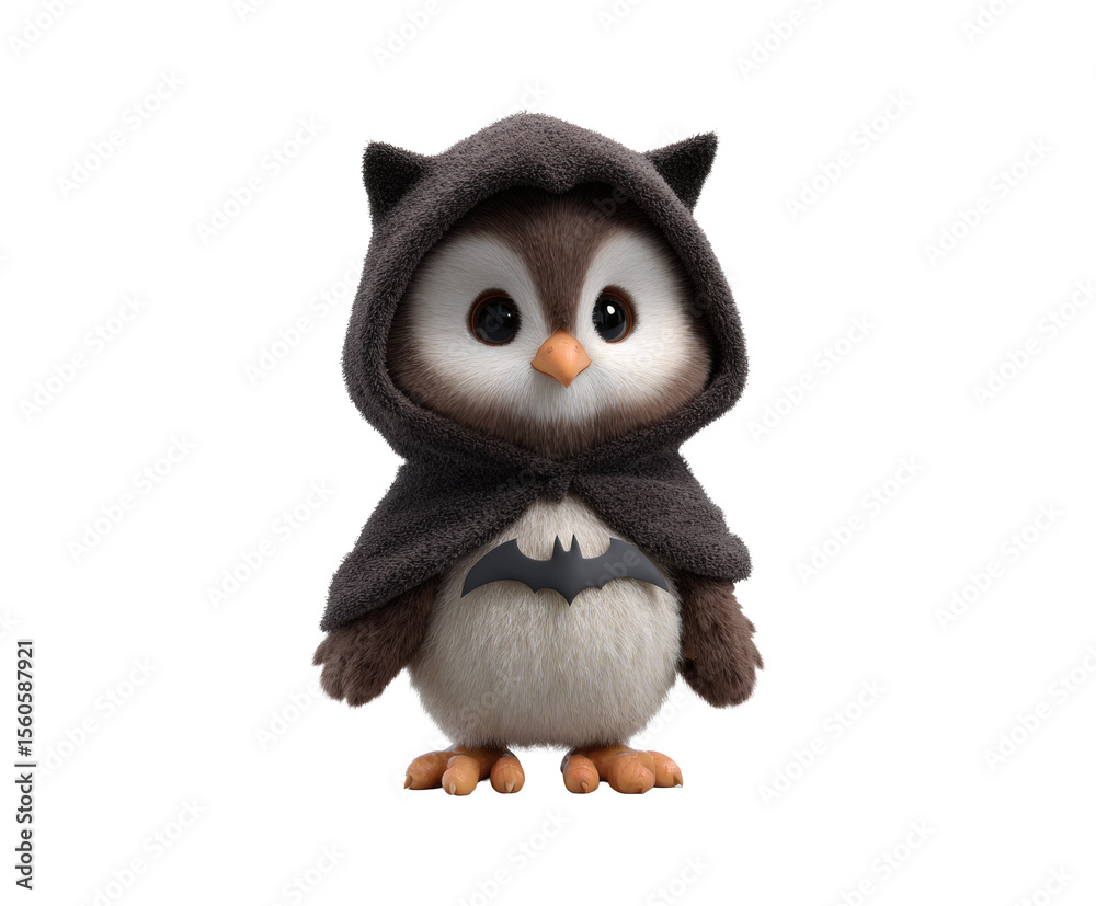 An adorable owl in a bat hoodie, perfect for children's content or fantasy themes. An adorable owl in a bat hoodie, perfect for children's content or fantasy themes.
