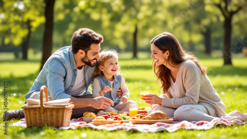 The image shows a happy family of three - a man