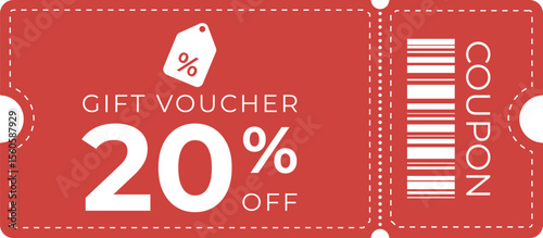 Red flat style 20% discount coupon ticket with dashed border, bold white text, and tag icon. Perfect for e-commerce, promotions, sales, retail, marketing, or seasonal offer banners.