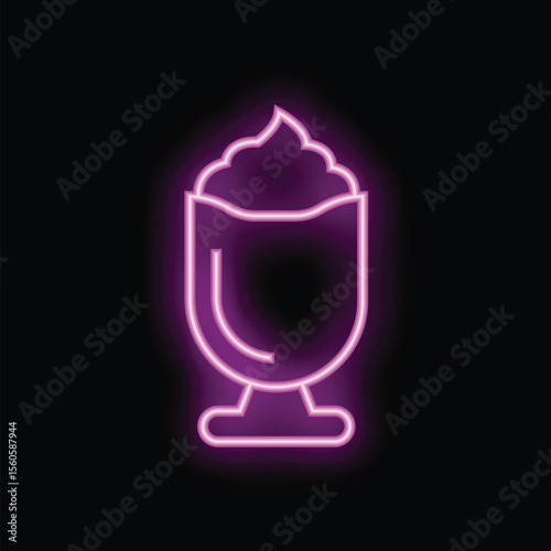 Neon sign of a dessert with cream in a fancy glass, glowing in the dark