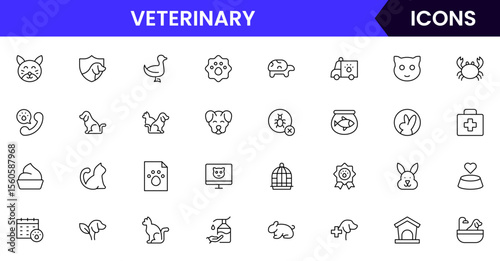 Veterinary vector web line icon collection, clean illustrations of pet care, medical tools, and animal health for compassionate designs.