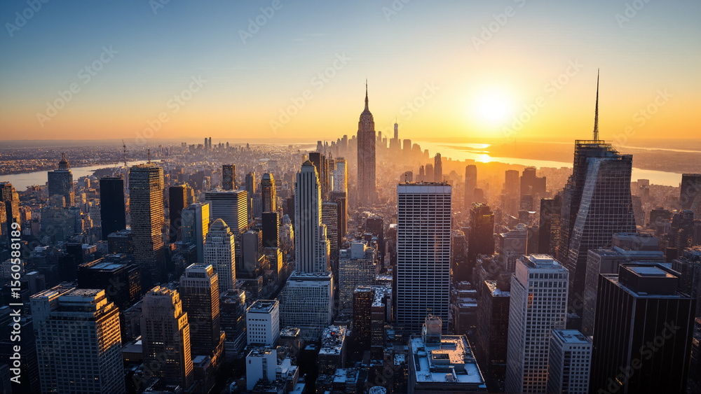 Naklejka premium The image shows a stunning view of the New York City skyline at sunset