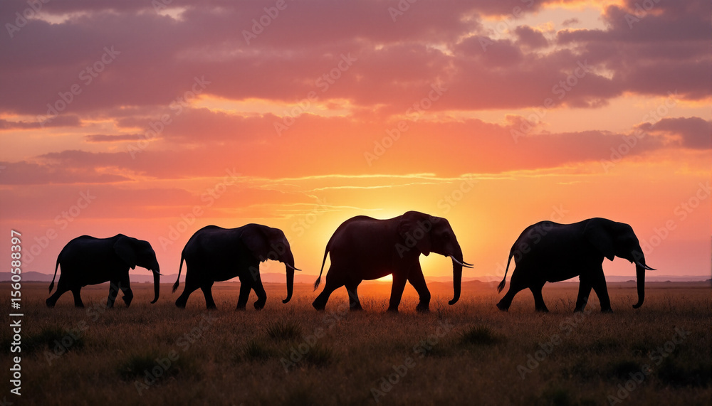 Fototapeta premium The image shows four elephants walking across a grassy field at sunset