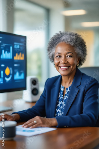 A smiling, mature African American woman in a navy blazer sits at a desk in a modern office, looking directly at the camera with a confident expression.