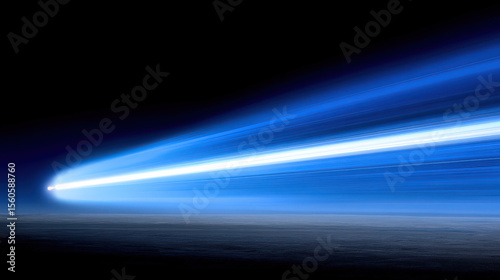 Bright blue light streaks across dark sky, creating dynamic and futuristic scene. motion blur effect adds sense of speed and energy to image