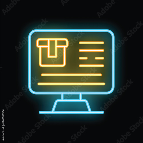 Glowing neon icon of a computer displaying parcel tracking information, symbolizing online order delivery and logistics