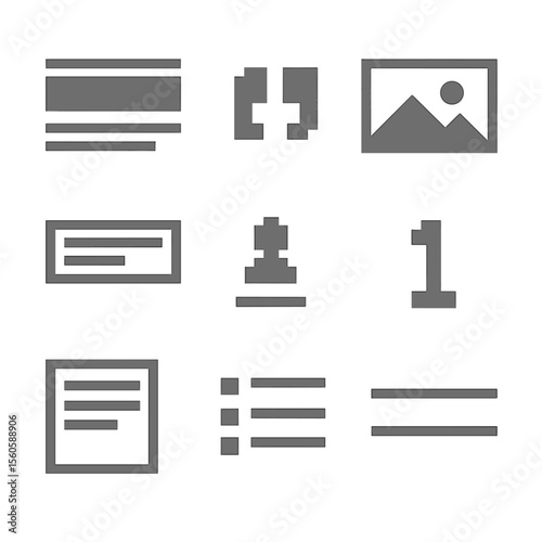 Magazine Layout Icons. Pixel art icon set of magazine feature layouts: headline banner, pull quote, full-width image, caption box,