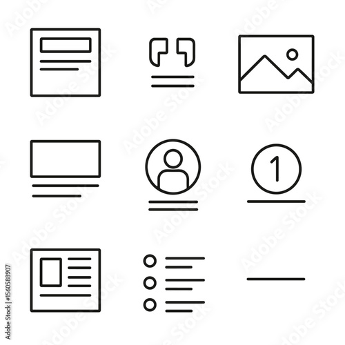 Magazine Layout Icons. Outline icon set of magazine feature layouts: headline banner, pull quote, full-width image, caption box,