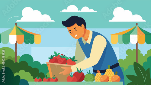 A man picking fresh fruits and vegetables at a local farmers market supporting both his physical health and the local community.. Vector illustration