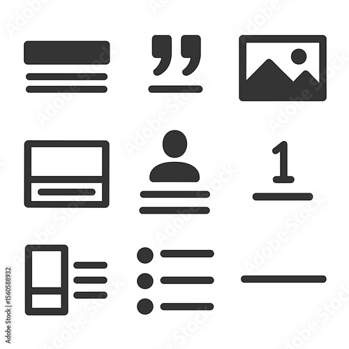 Magazine Layout Icons. Flat icon set of magazine feature layouts: headline banner, pull quote, full-width image, caption box,