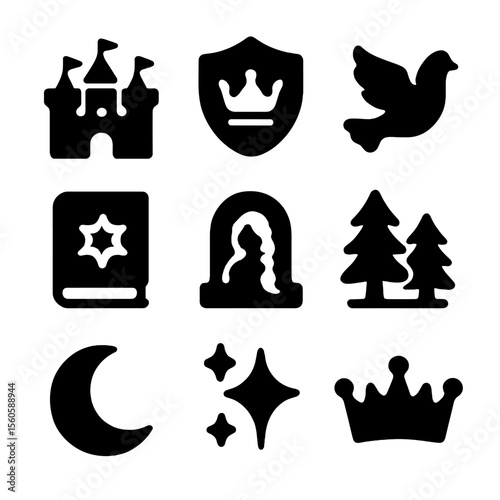 Magical Kingdom Icons. Solid, filled icon set of magical kingdom elements: fairytale castle, royal crest, flying dove, spellbook,
