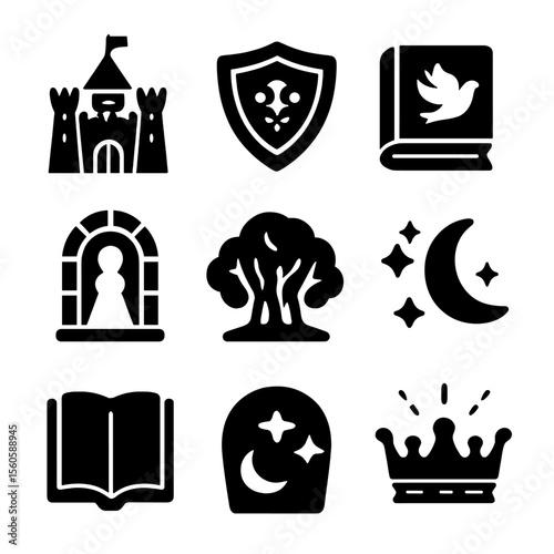 Magical Kingdom Icons. Solid, filled icon set of magical kingdom elements: fairytale castle, royal crest, flying dove, spellbook,
