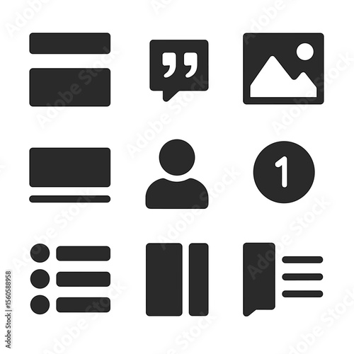 Magazine Layout Icons. Solid, Filled icon set of magazine feature layouts: headline banner, pull quote, full-width image, caption