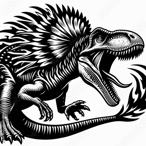 Dilophosaurus Hissing in a Prehistoric Forest