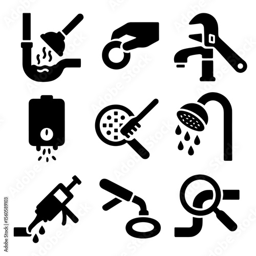 Maintenance Icons Grid. Solid, Filled icon set of maintenance tasks: clearing clog, replacing washer, tightening faucet, flushing