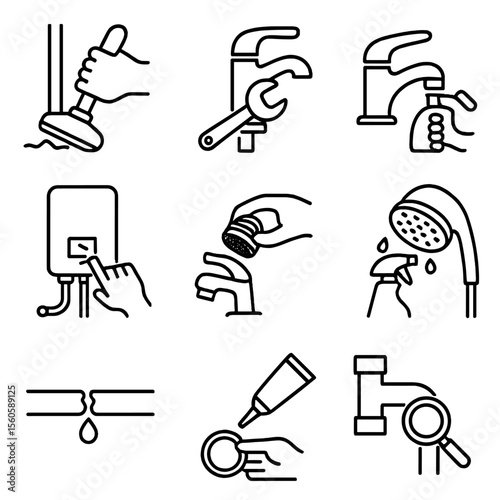 Maintenance Task Icons. Outline icon set of maintenance tasks: clearing clog, replacing washer, tightening faucet, flushing heater