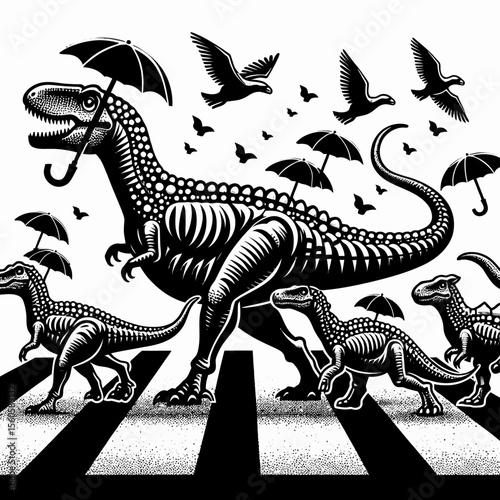Dinosaur Family Crossing a Prehistoric Path Together