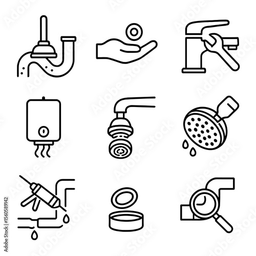 Maintenance Task Icons. Outline icon set of maintenance tasks: clearing clog, replacing washer, tightening faucet, flushing heater