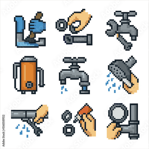Maintenance Task Icons. Pixel art icon set of maintenance tasks: clearing clog, replacing washer, tightening faucet, flushing