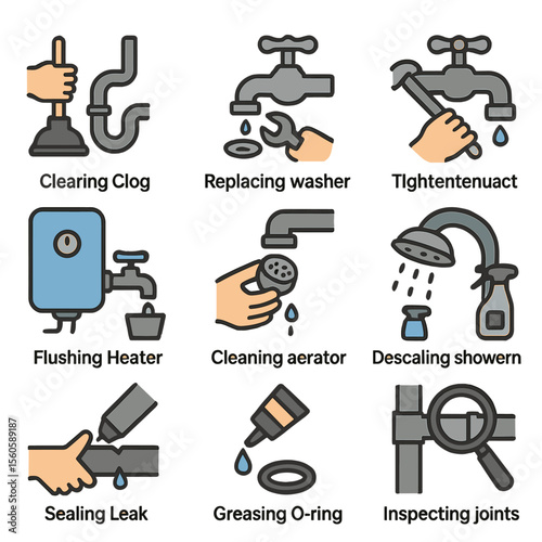 Maintenance Task Icons. Flat icon set of maintenance tasks: clearing clog, replacing washer, tightening faucet, flushing heater,