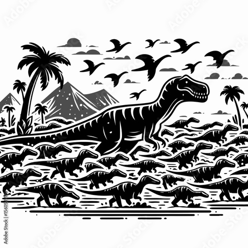 Dinosaur Herd Migrating Across Prehistoric Lands