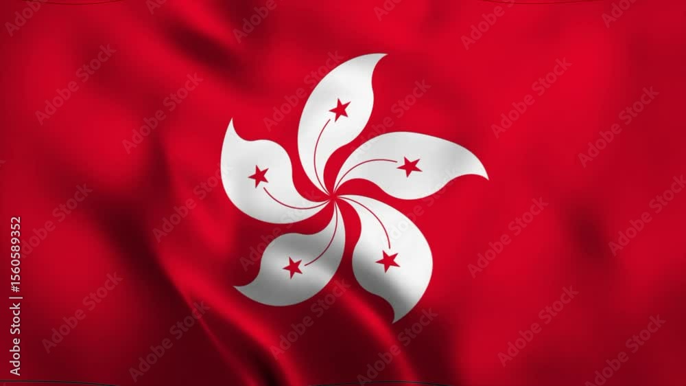 The flag of Hong Kong flies with the symbols and colors of the flag as the national emblem, and the soft drapery flutters in the breeze.