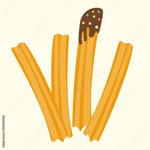 Churros, sweet pastry snack with chocolate topping and sprinkles. For dessert menus, street food illustrations.