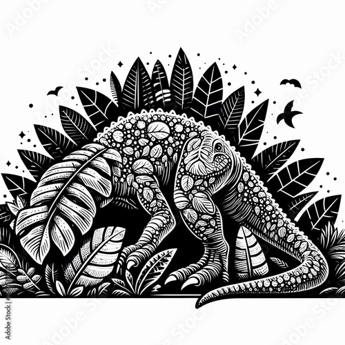 Dinosaur Hiding Under Leaves in a Dense Prehistoric Forest